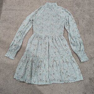 Storia Blue Ruched Floral, Long Sleeve Mini Dress